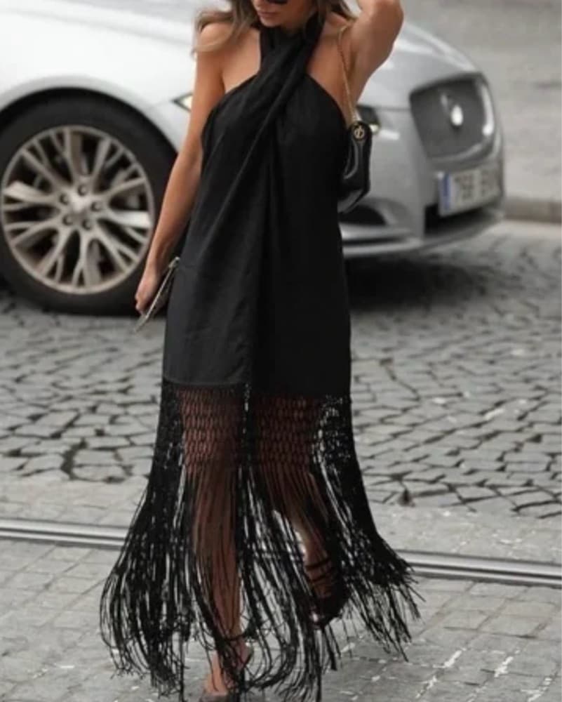 Stunning Black Backless Fringe Dress - Image 3