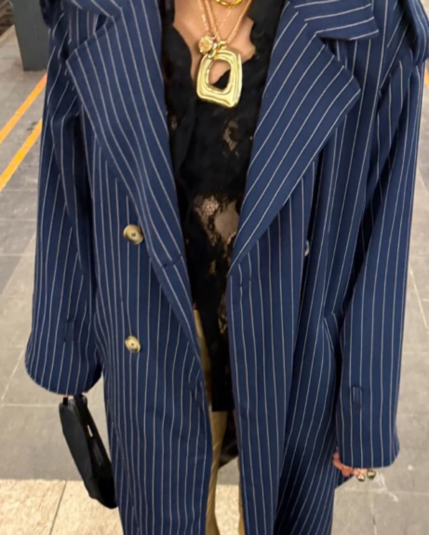 Navy Pinstriped Lightweight Trench Coatv - Image 4