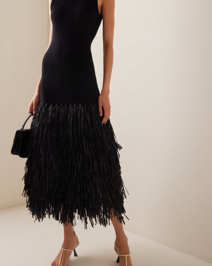 Aje Rushes Raffia-Trimmed Knit Midi Dres - Image 1