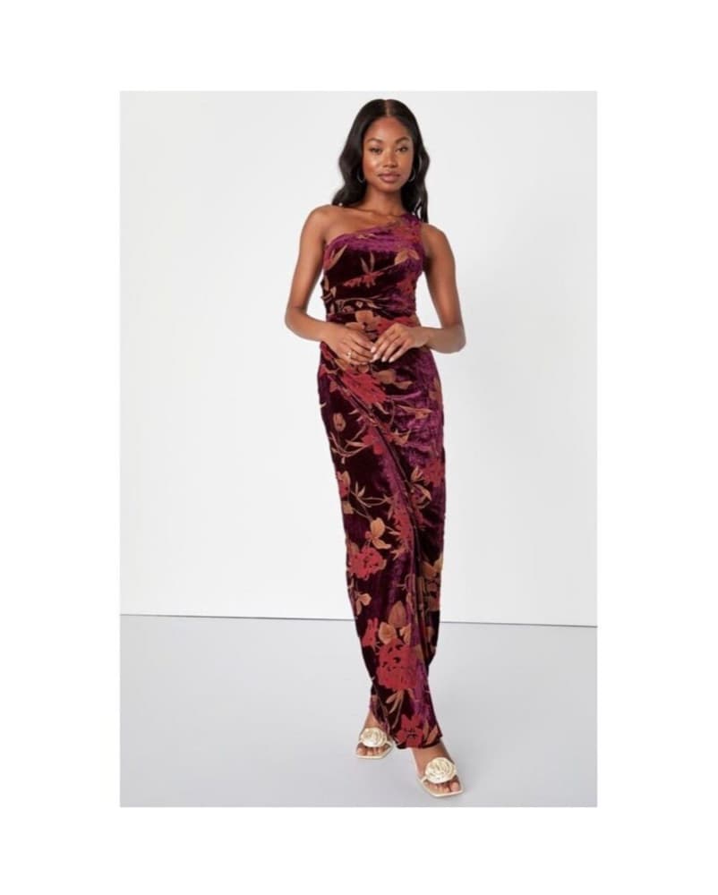 LuLus Burgundy Floral Velvet Maxi  - Image 1