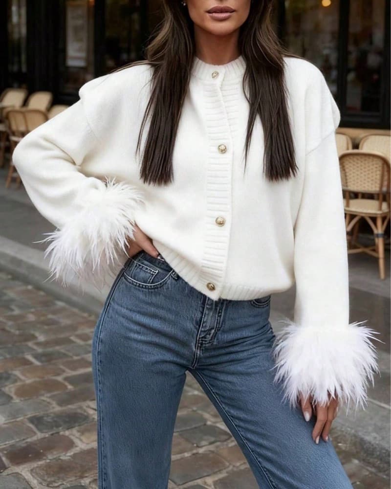 White Feather Cuff Cardigan - Image 1
