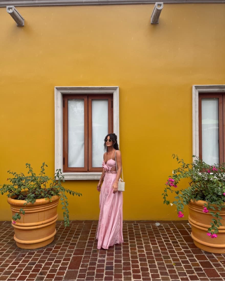 Pink Pleated Chiffon High-Low Gown - Image 3