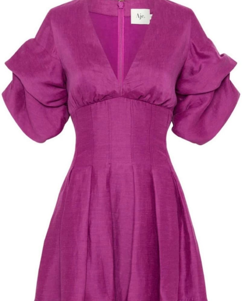 Adelie Puff Sleeve Mini Dress in Plum Pu - Image 2