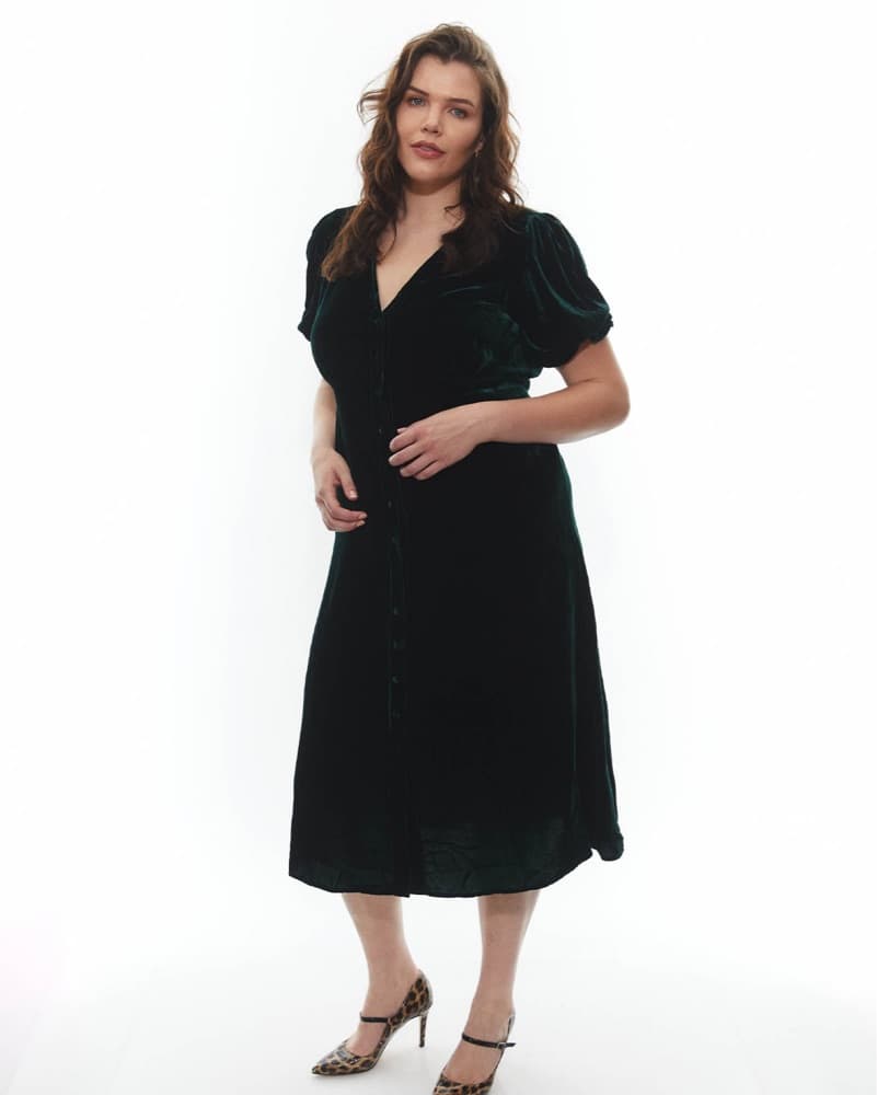 Green Velvet Puff Sleeve Dress - Image 5