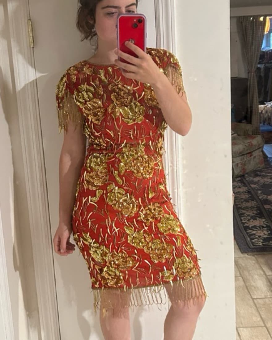 Vintage Red and Beaded Fringe Dress - Image 4