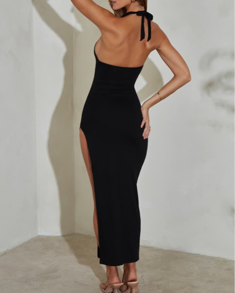 Oh Polly Bodycon Black Slit Halter Dress - Image 2