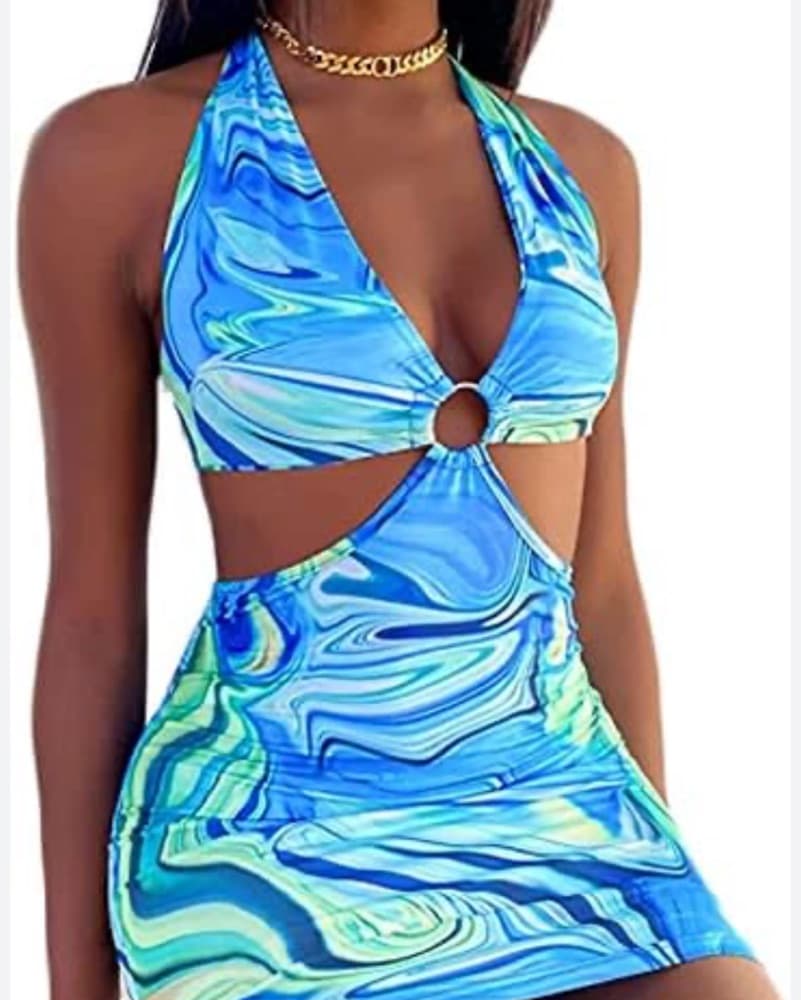 Marble Blue Cut Out Mini Dress - Image 2