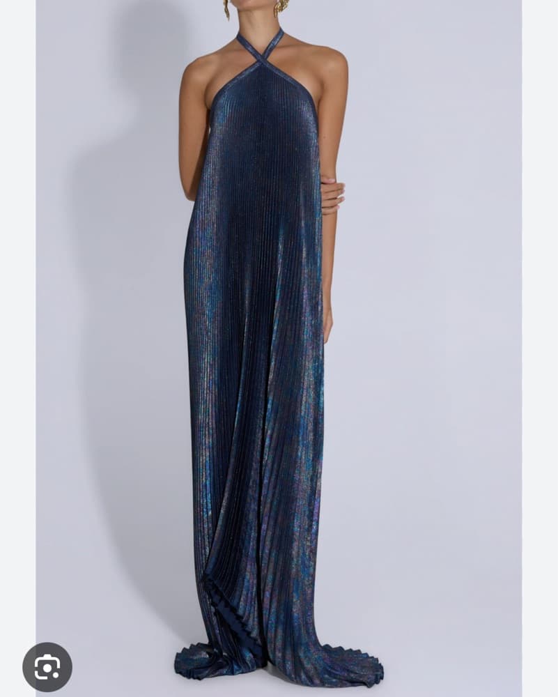 Navy blue metallic pleated halter gown - Image 1