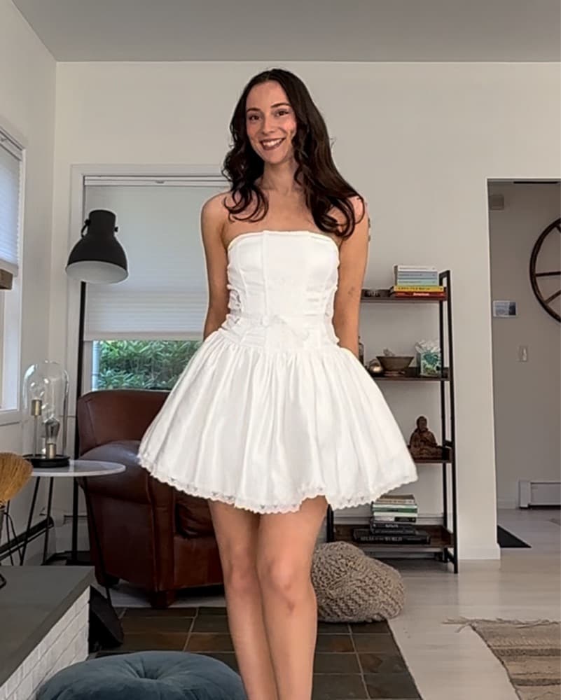 White Satin Strapless Lace Mini Dress - Image 2