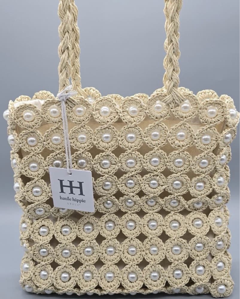 Haute Hippie pearl accented straw tote - Image 2