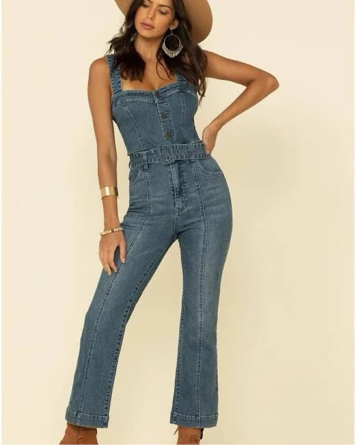 Denim Jumpsuit with Belt - Image 1