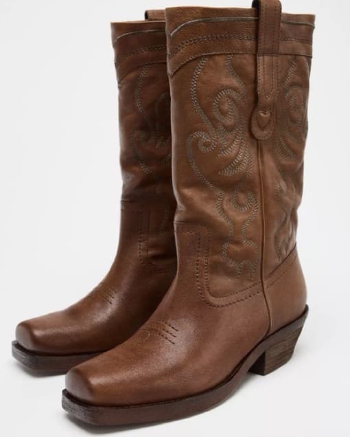 Zara Brown Leather Cowboy Boots - Image 2