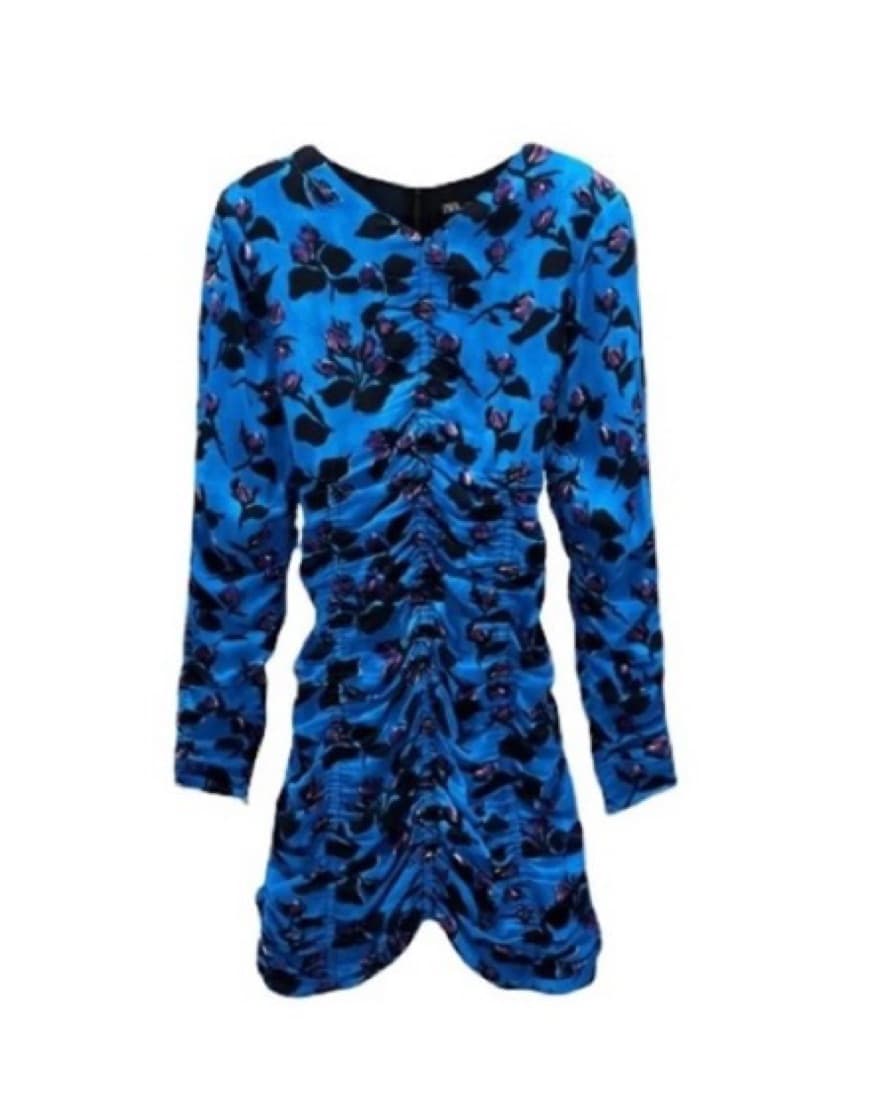Draped Blue Gloral Ruched Dress - Image 2