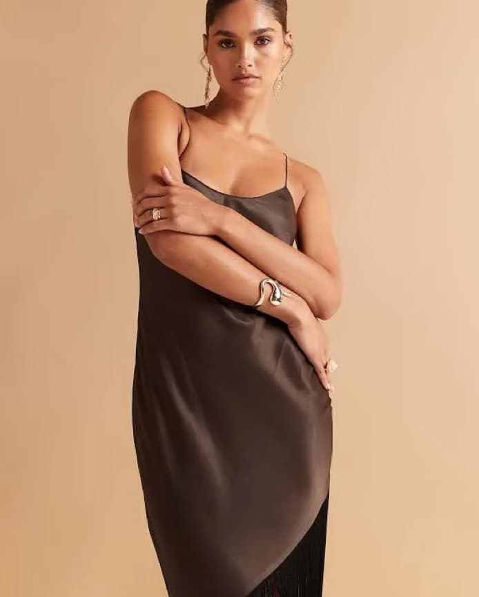 Brown Satin Fringe Mango Dress - Image 4
