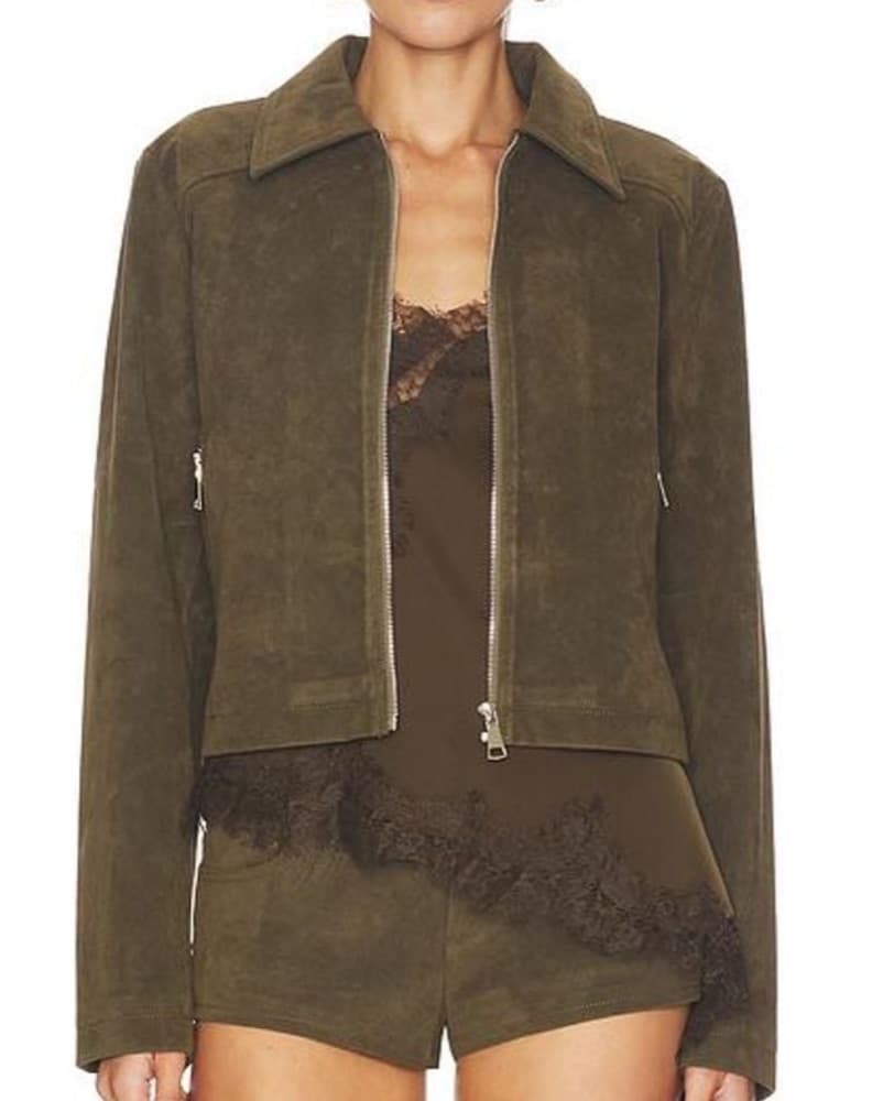 Olive Green Suede Moto Jacket - Image 1