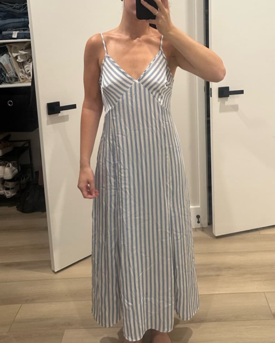Blue & White Striped Satin Maxi Dress - Image 2