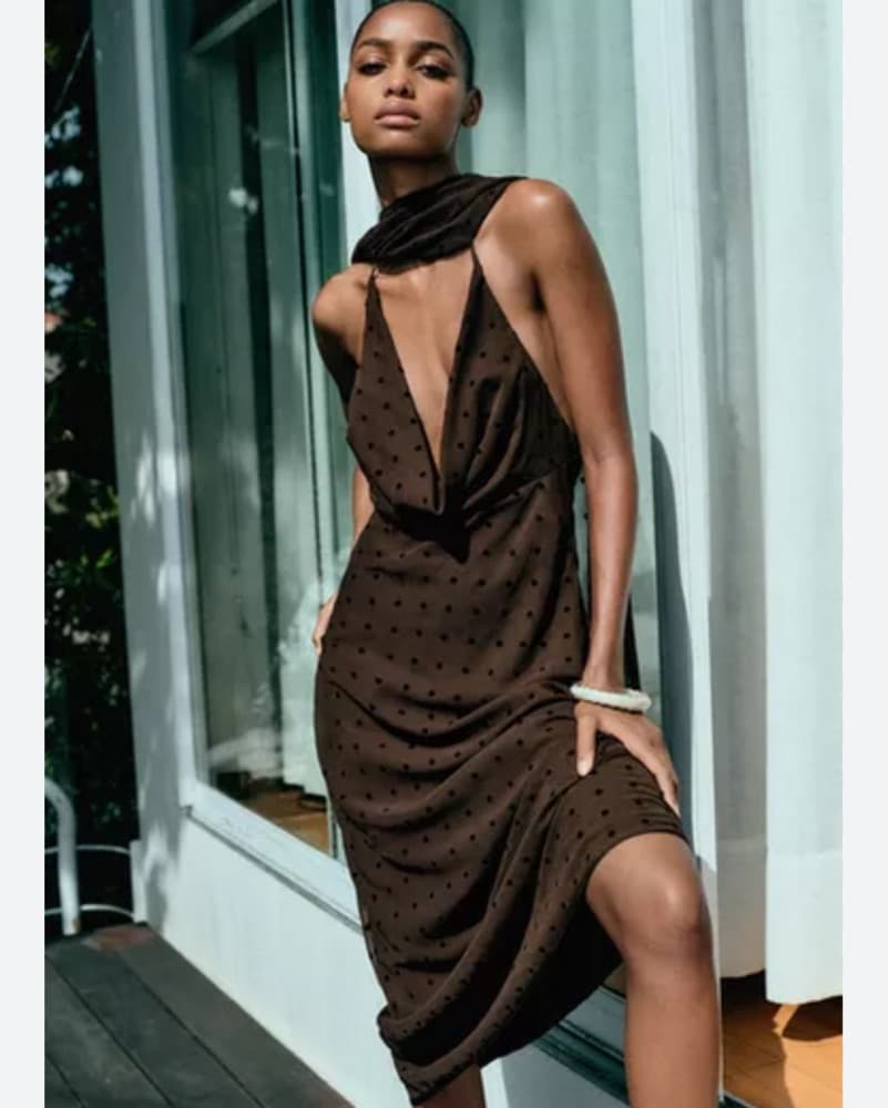 Brown Cowl Neck Polka Dot Scarf Dress - Image 3