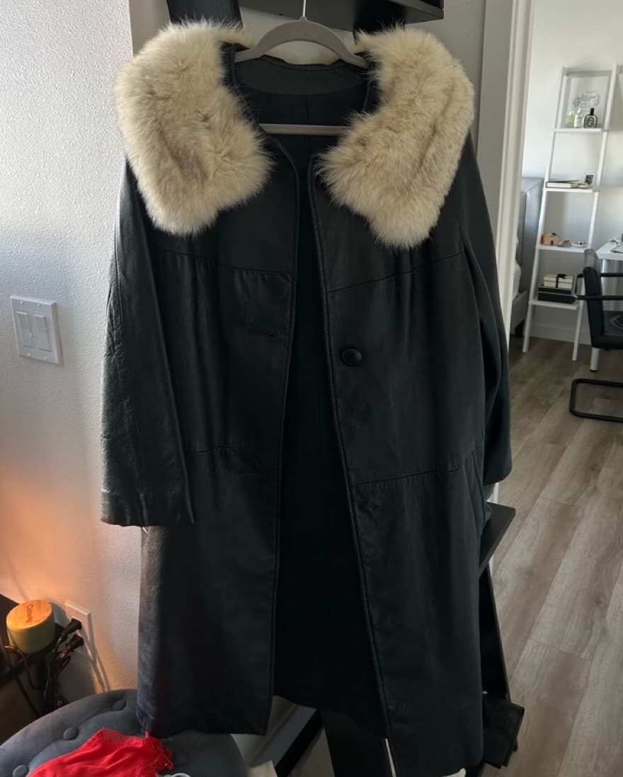 Black Leather Fur Collar Winter Coat  - Image 1