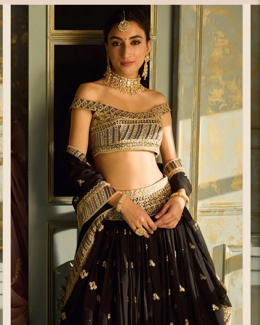 Indian Gold Embroidered Black Lehenga  - Image 1