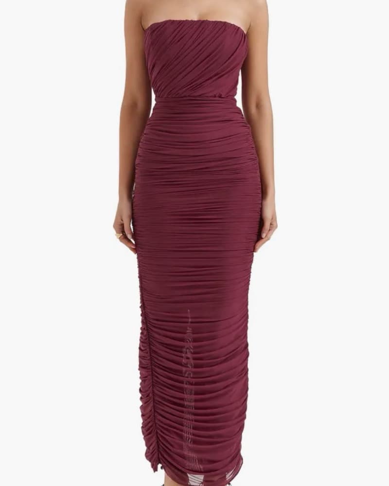 House of CB Burgundy Runched Mesh Gown - Image 1