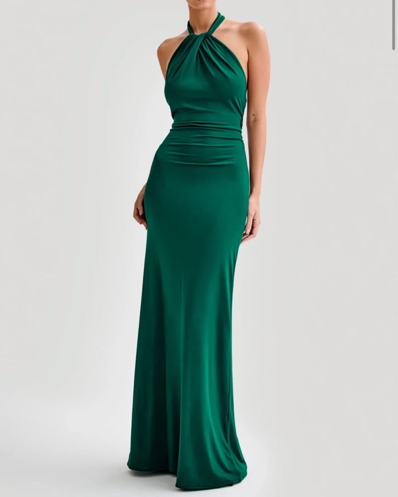 Green Slinky Open Bac Halter Dress Gown  - Image 2
