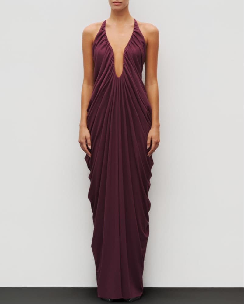 Captivating Burgundy Draped Gown - Image 1