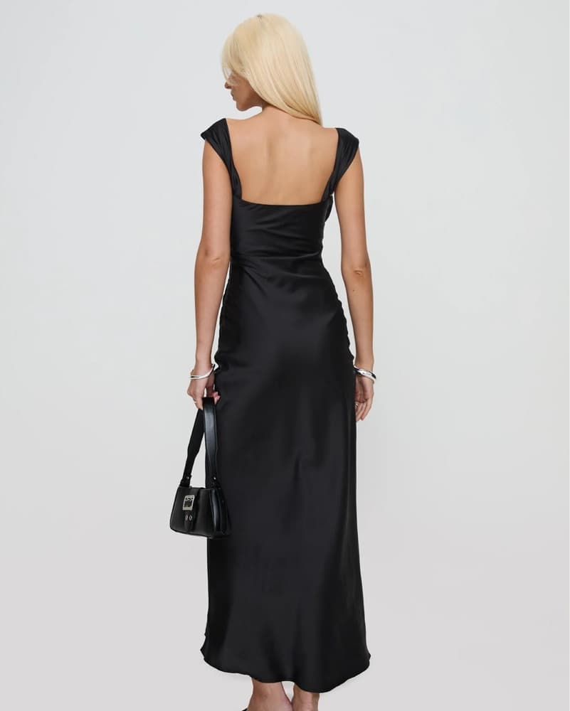 Black Off-the-Shoulder Satin Maxi Dress - Image 3
