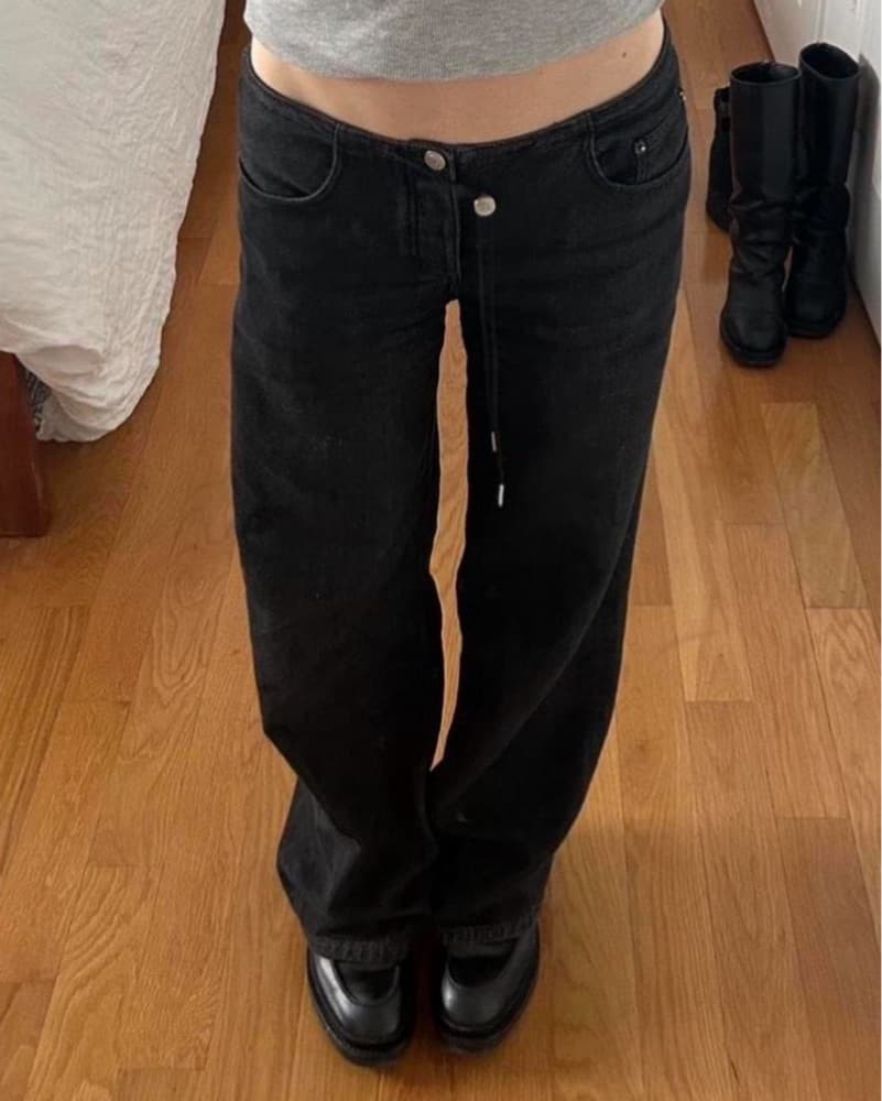 Still Here Cool Jean (25) Black Denim Straight Leg Low Rise Drawstring Jeans - Image 3