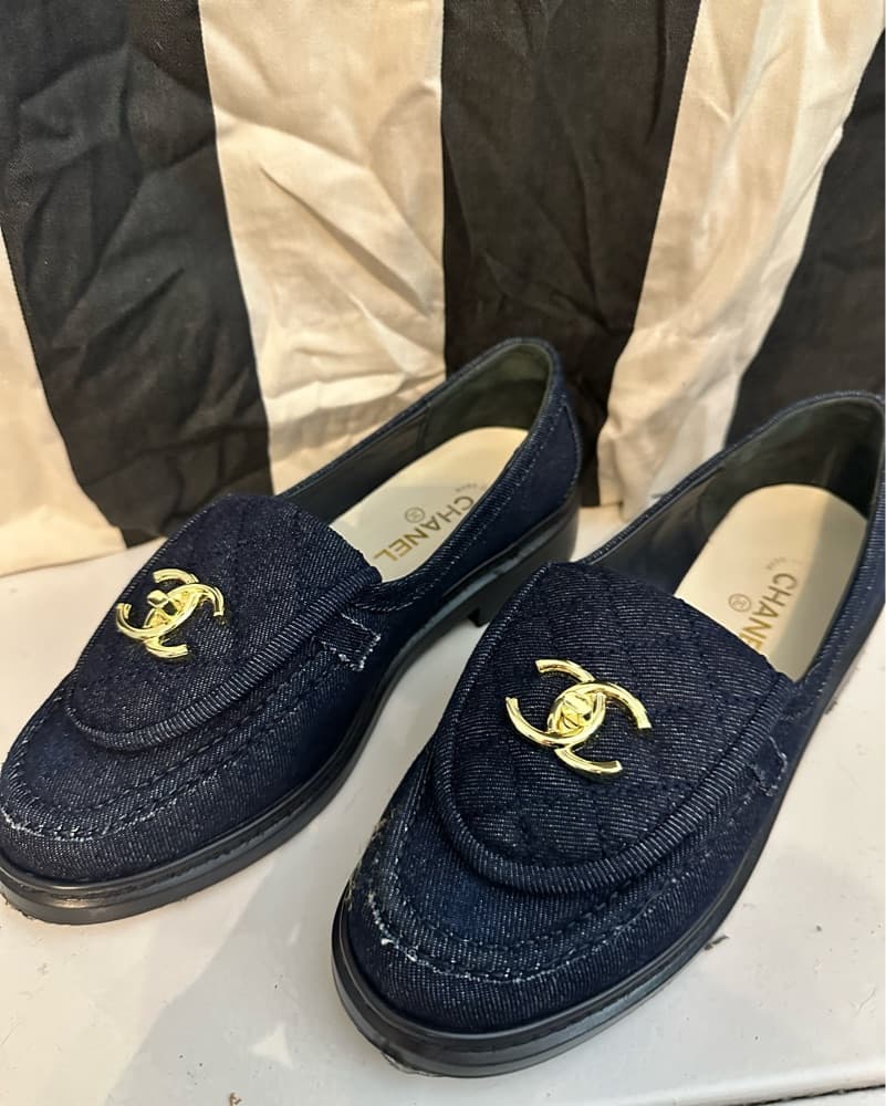 Chanel Denim Loafers with Gold Logo - Image 2