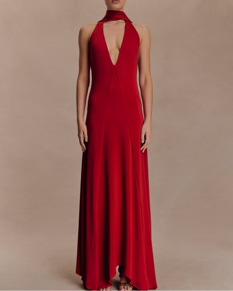 Meshki Elegant Ruched Red Maxi Dress - Image 1