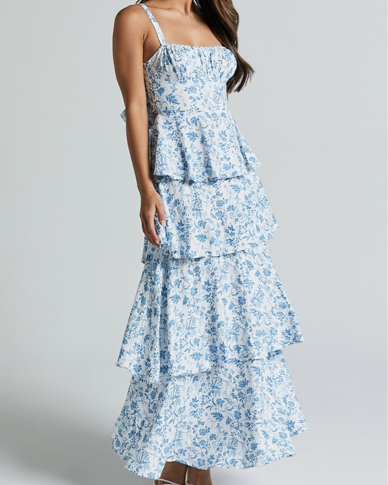 Showpo Blue Floral Tiered Midi Dress M - Image 1