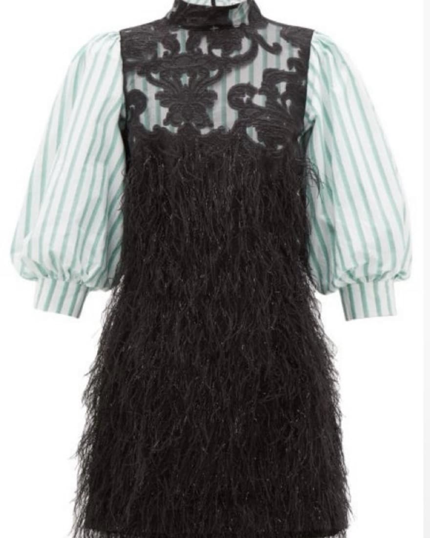 Ganni Striped-Sleeve Feather Mini Dress - Image 1