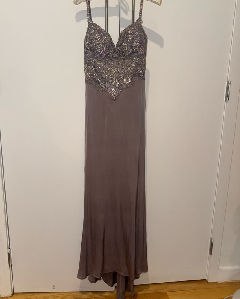 Taupe Sequin Beaded Formal Gown Swarovski Custom Design Slit Gala Dress - Image 3