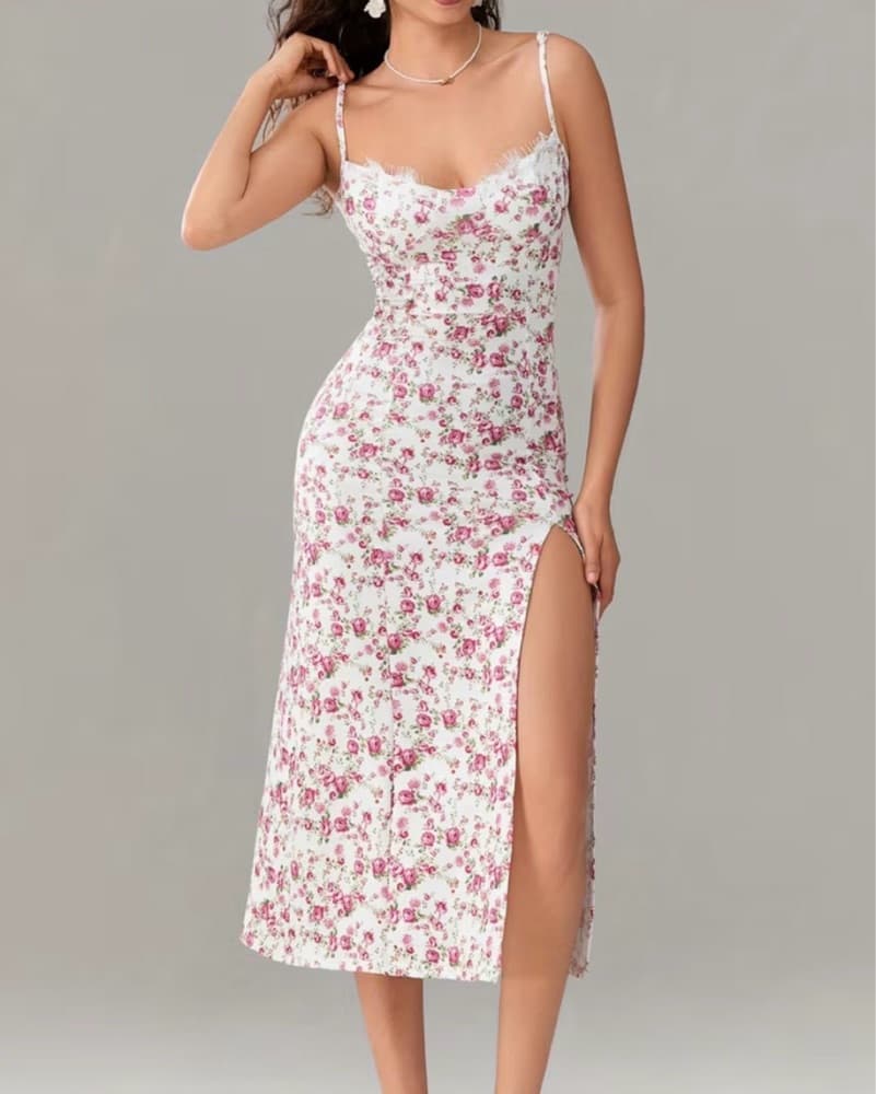 Pink Flower And White Lace Dress - Image 2