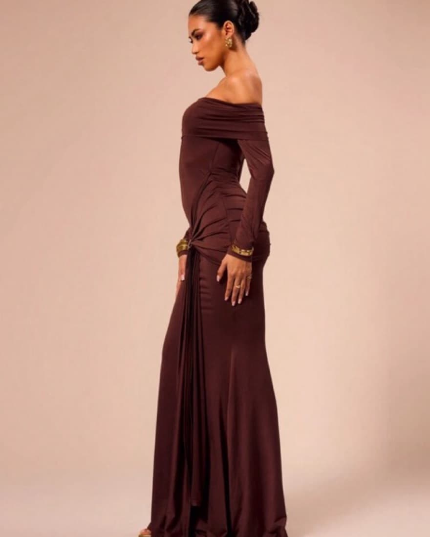 Brown Off The Shoulder Dress With Buckle - Image 4