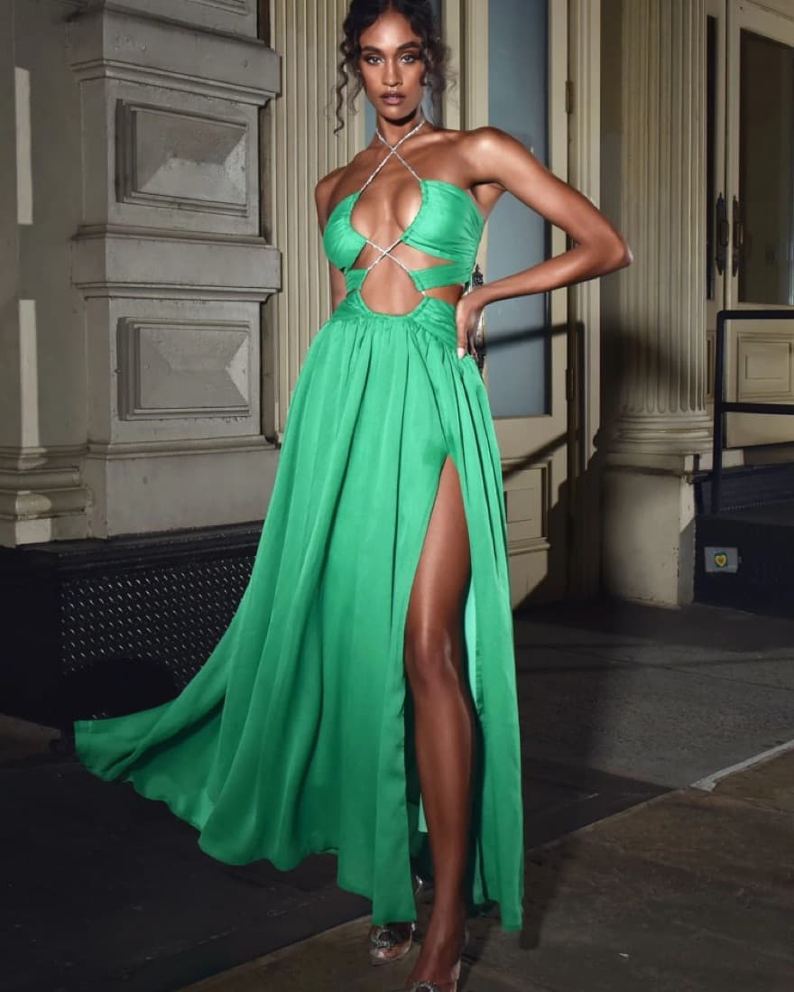 Quinby Green Silk Pleated Lace Up Maxi D - Image 3