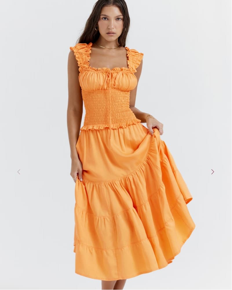 Vibrant Ruffle-Accented Orange Midi Dress - Image 1