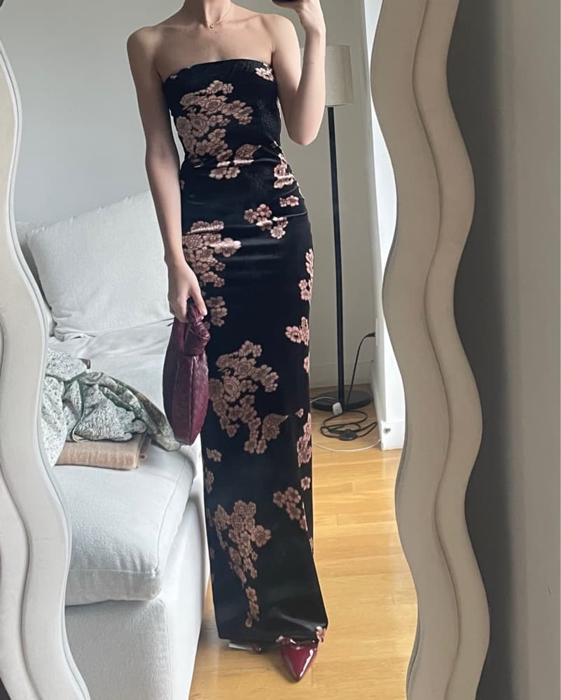 Floral Velvet Strapless Maxi Dress - Image 3