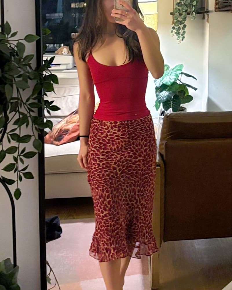 Vintage Red Print Silk Midi Skirt - Image 1
