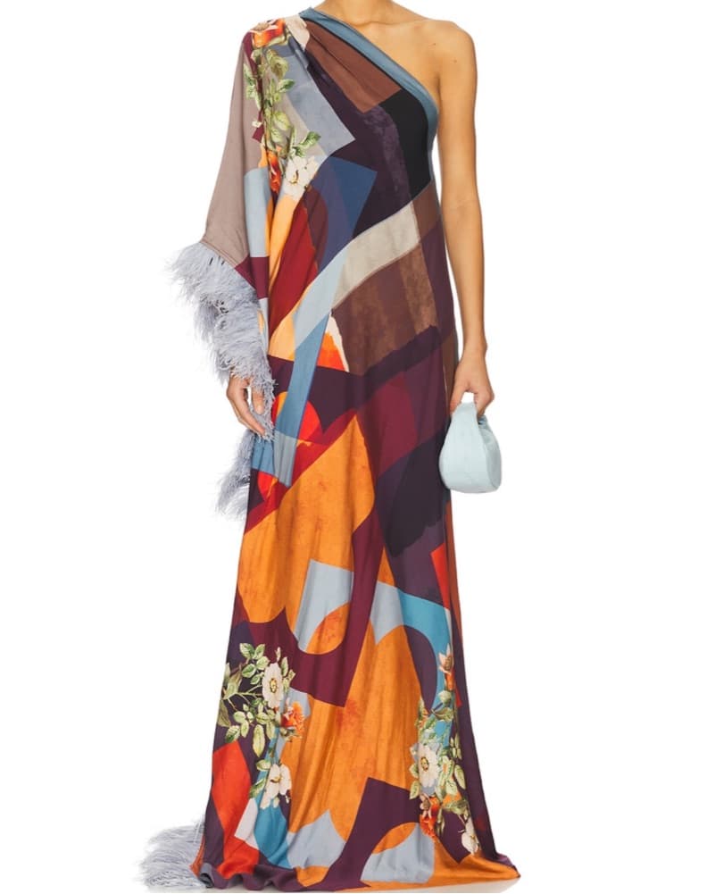 Feathered One-Shoulder Pattern Gown - Image 1