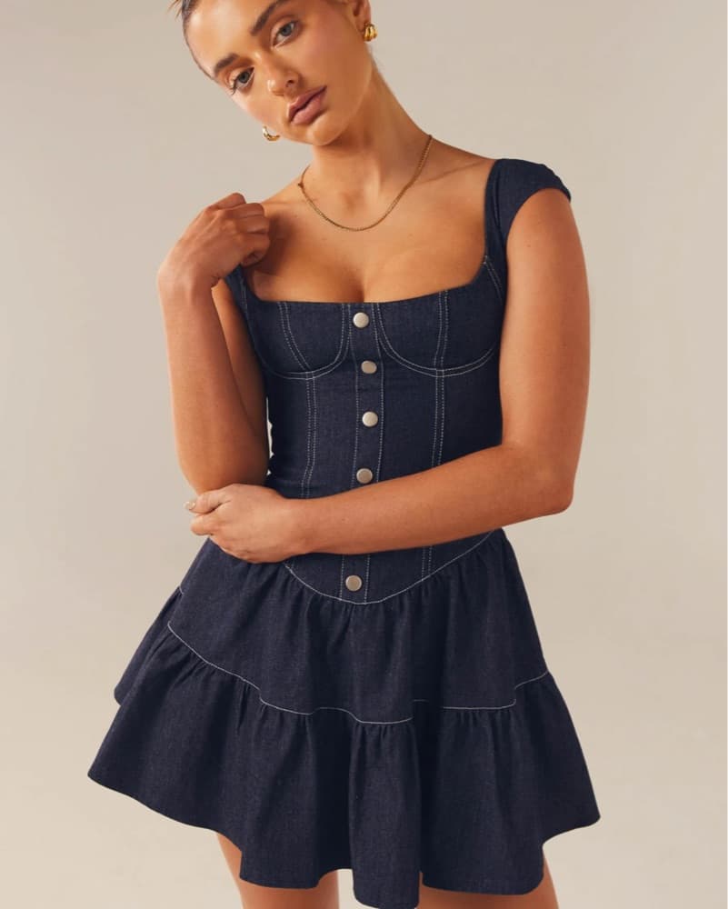 Denim Bustier Mini Dress in Indigo - Image 5