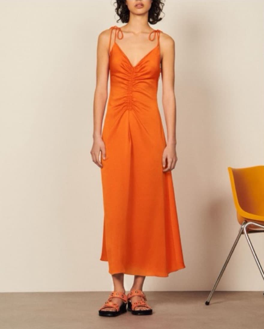 Sandro Orange Ruched Midi Dress - Image 2