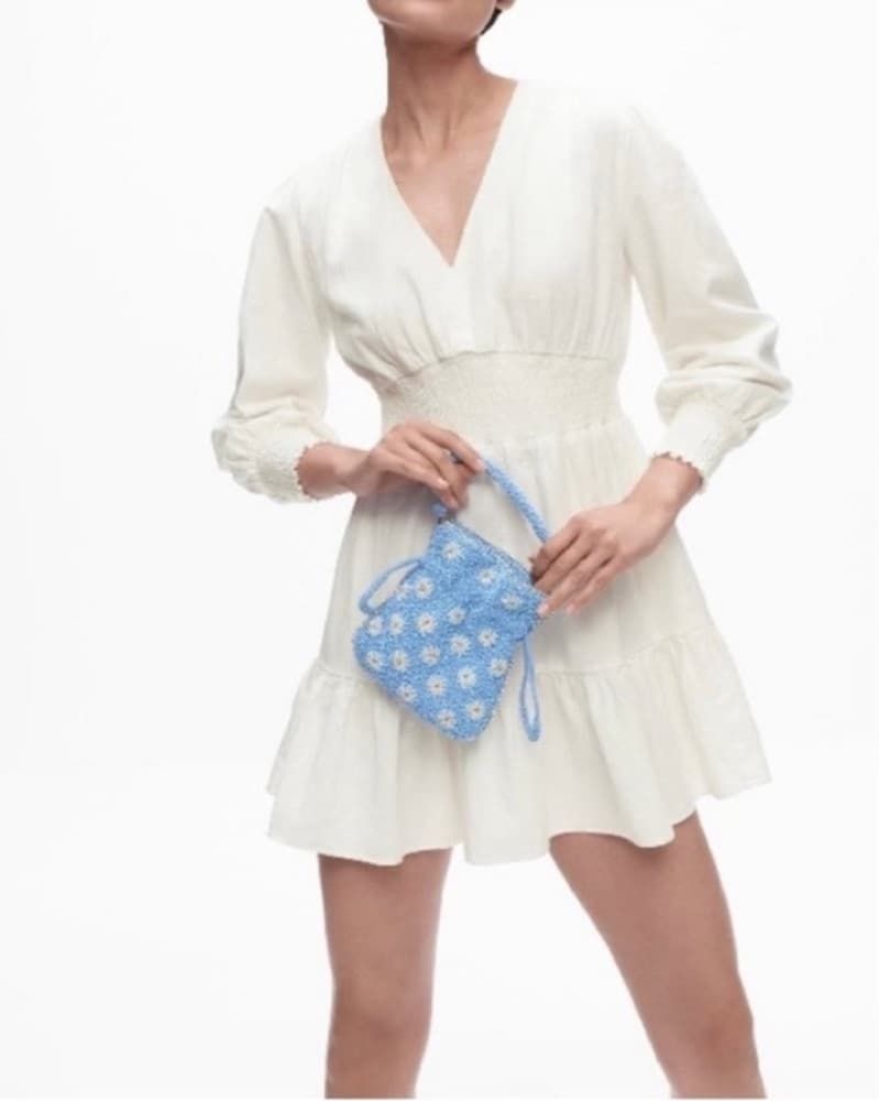 Zara Linen White Puff Sleeve Dress M - Image 2