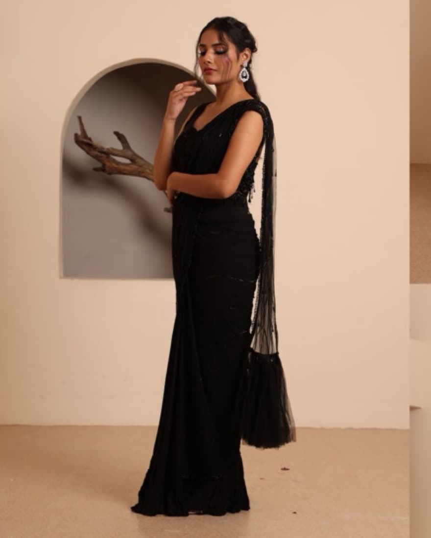 Black Stitched Sari (Saree) - Image 1