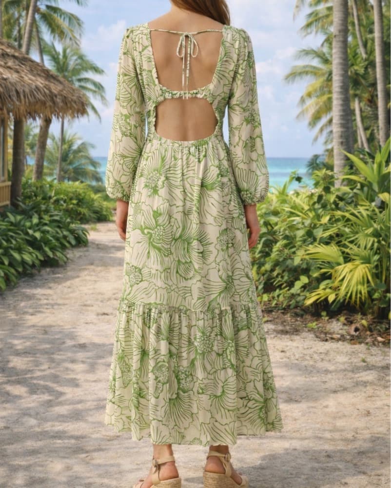 Open Back long sleeve green floral midi  - Image 4