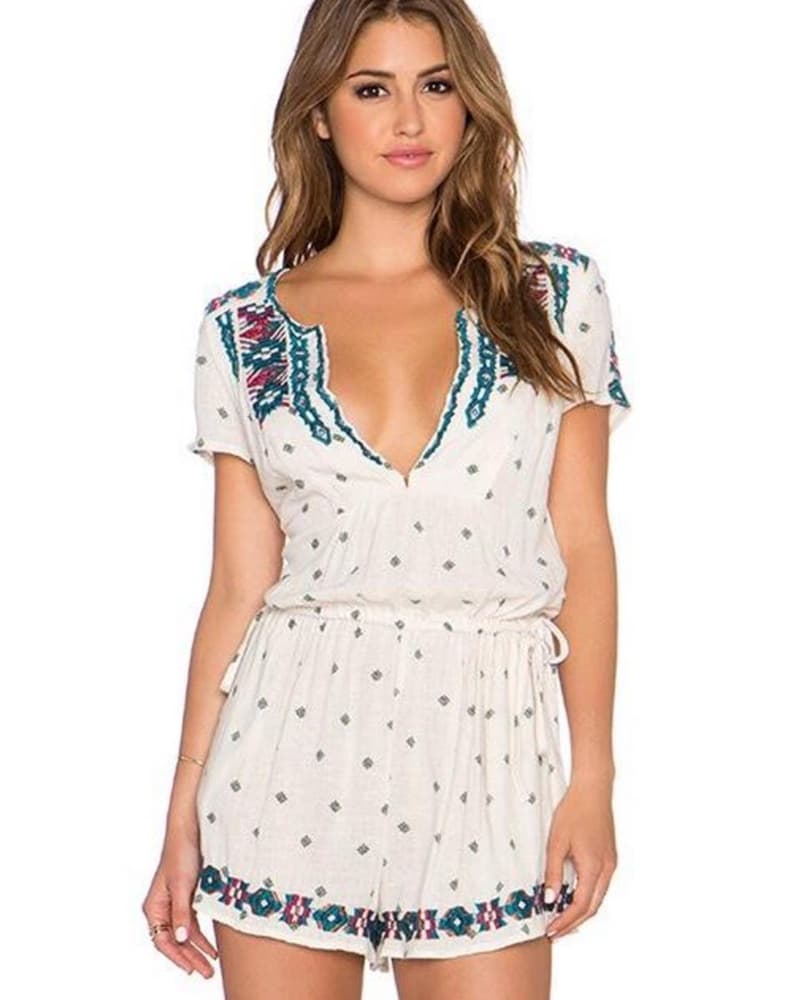Boho Embroidered Cotton Romper - Image 1