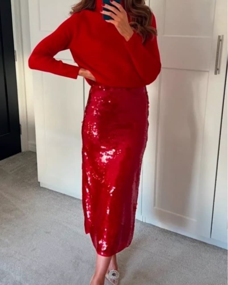 Zara red Sequin Skirt - Image 4