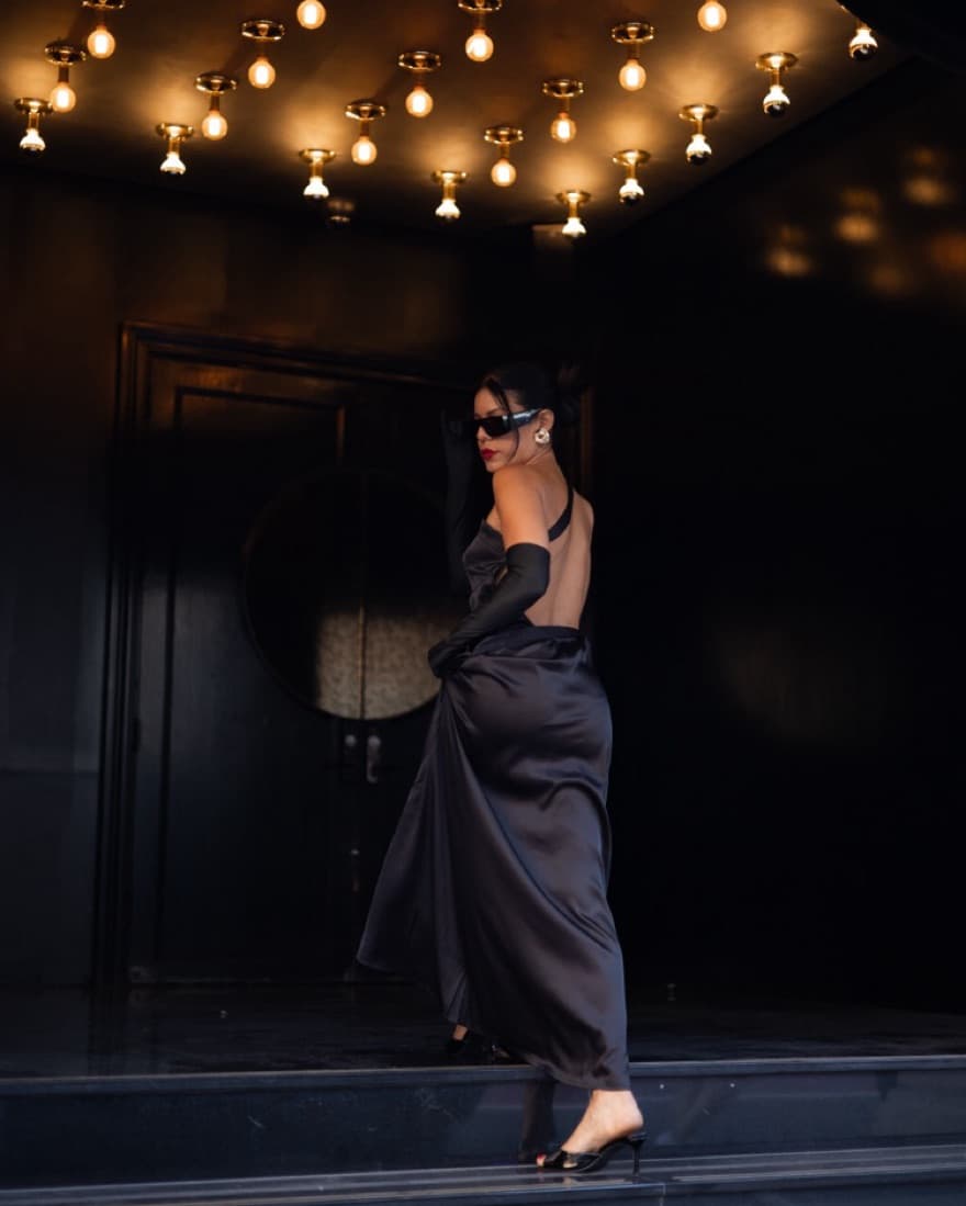 Black Silk Open Back Long Dresd - Image 4