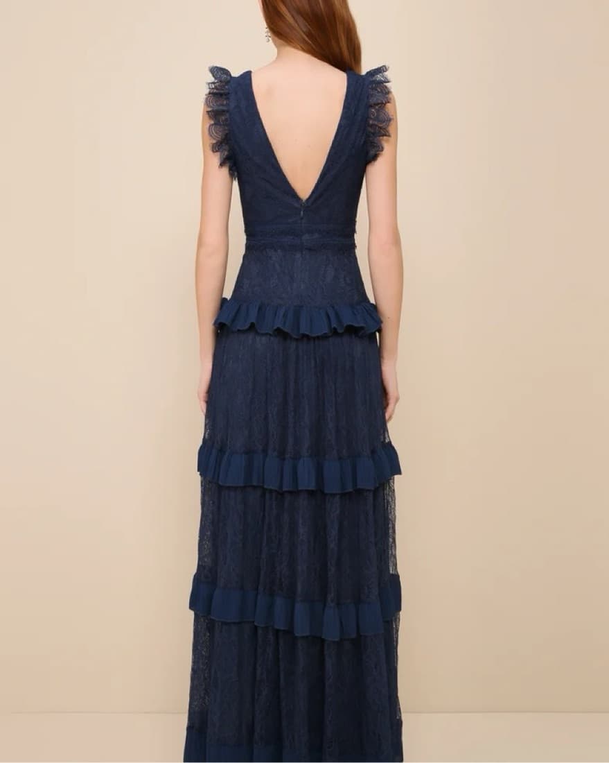 Navy Blue Lace Ruffled Tiered Maxi Dress - Image 3