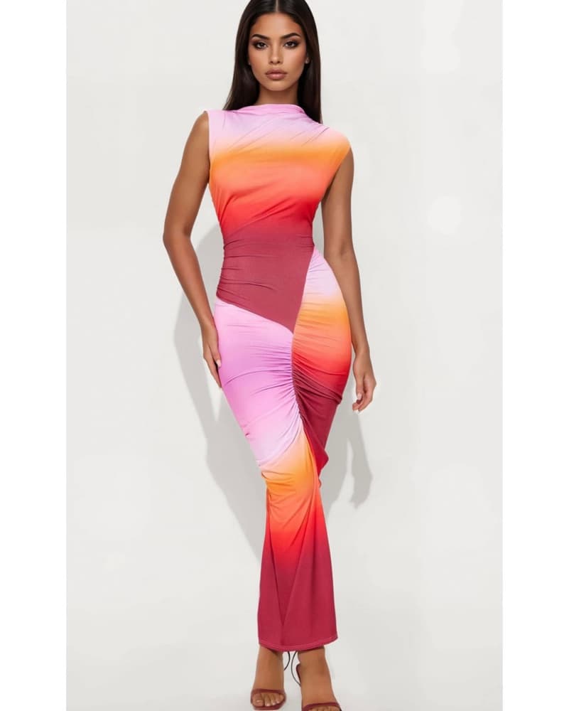 Vibrant Ombre Ruched Dress - Image 1